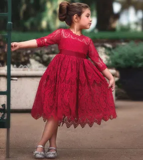 Abiti per bambini per ragazze Vestiti con fiocco in autunno Mezza manica Pizzo Costume da festa di nozze Rosso Chriatmas Bambini
