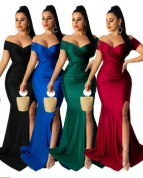 Abito da donna Locale notturno con scollo a V Solido con spacco Gonne lunghe Moda Abiti eleganti Maniche corte Abito da sera per