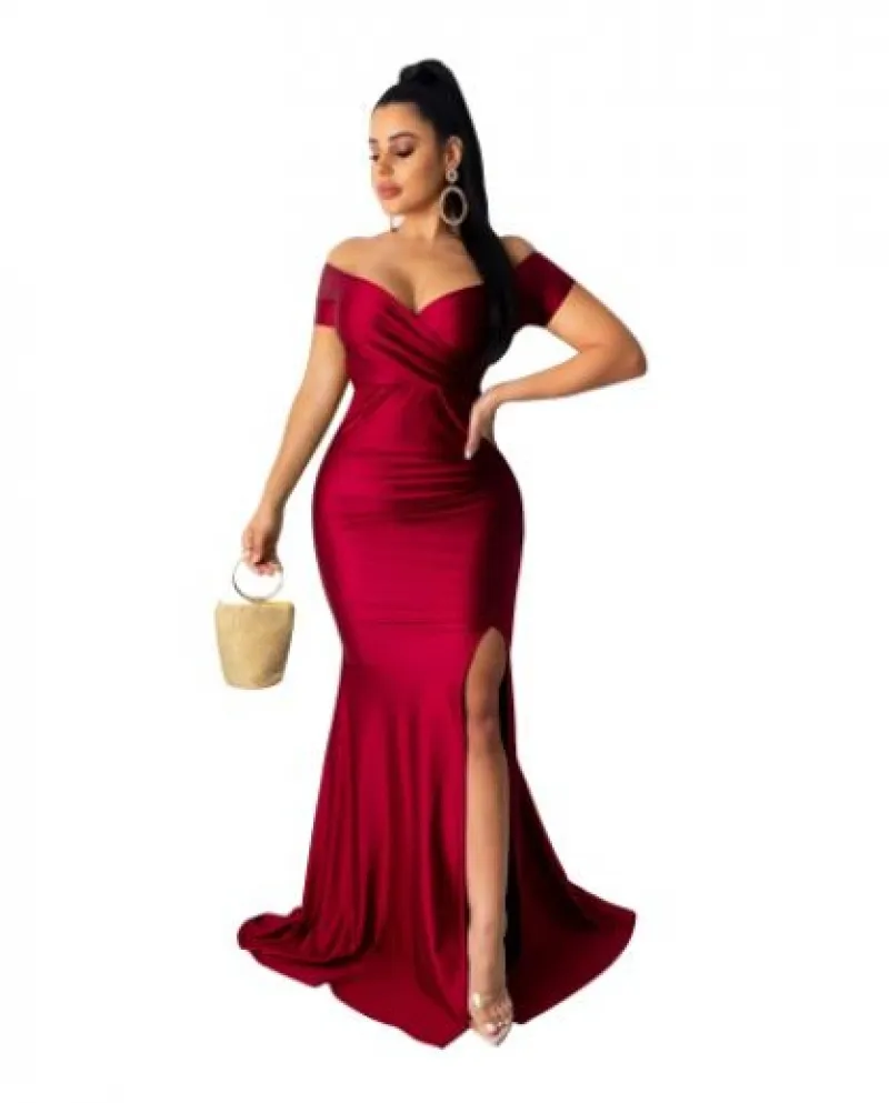 Abito da donna Locale notturno con scollo a V Solido con spacco Gonne lunghe Moda Abiti eleganti Maniche corte Abito da sera per