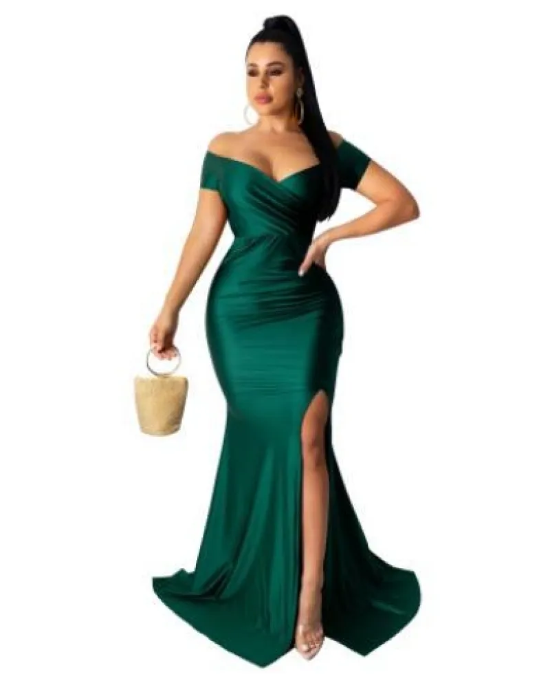 Abito da donna Locale notturno con scollo a V Solido con spacco Gonne lunghe Moda Abiti eleganti Maniche corte Abito da sera per