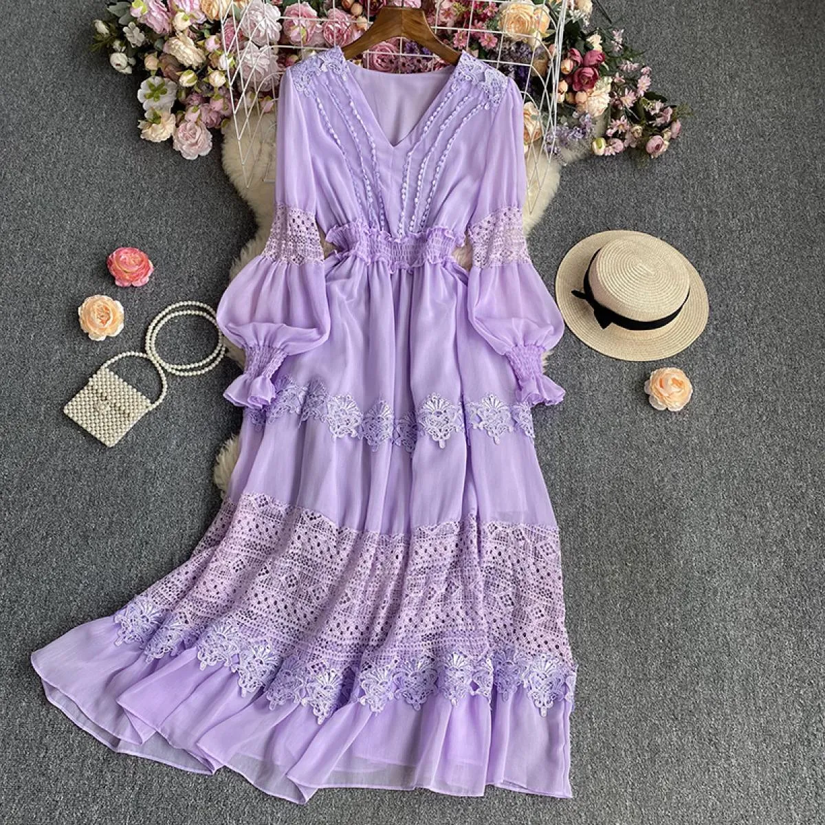 Abito estivo maxi boho per donna Patchwork di pizzo manica lunga femminile di lusso in tulle abiti chic ed eleganti per le feste