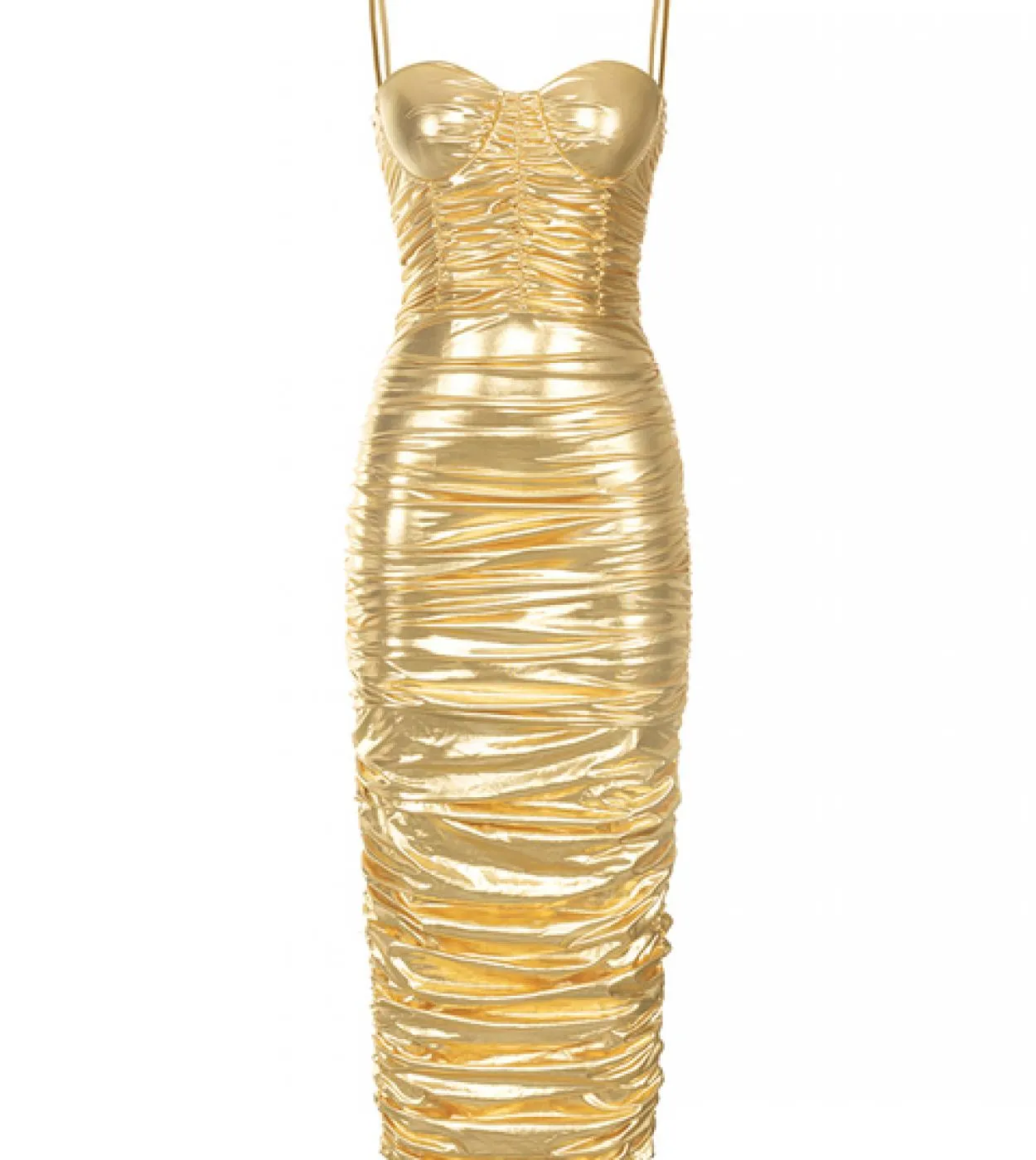 Abito lungo aderente con pieghe lucide con cinturino per spaghetti Abito lungo aderente con pieghe senza maniche in oro da donna