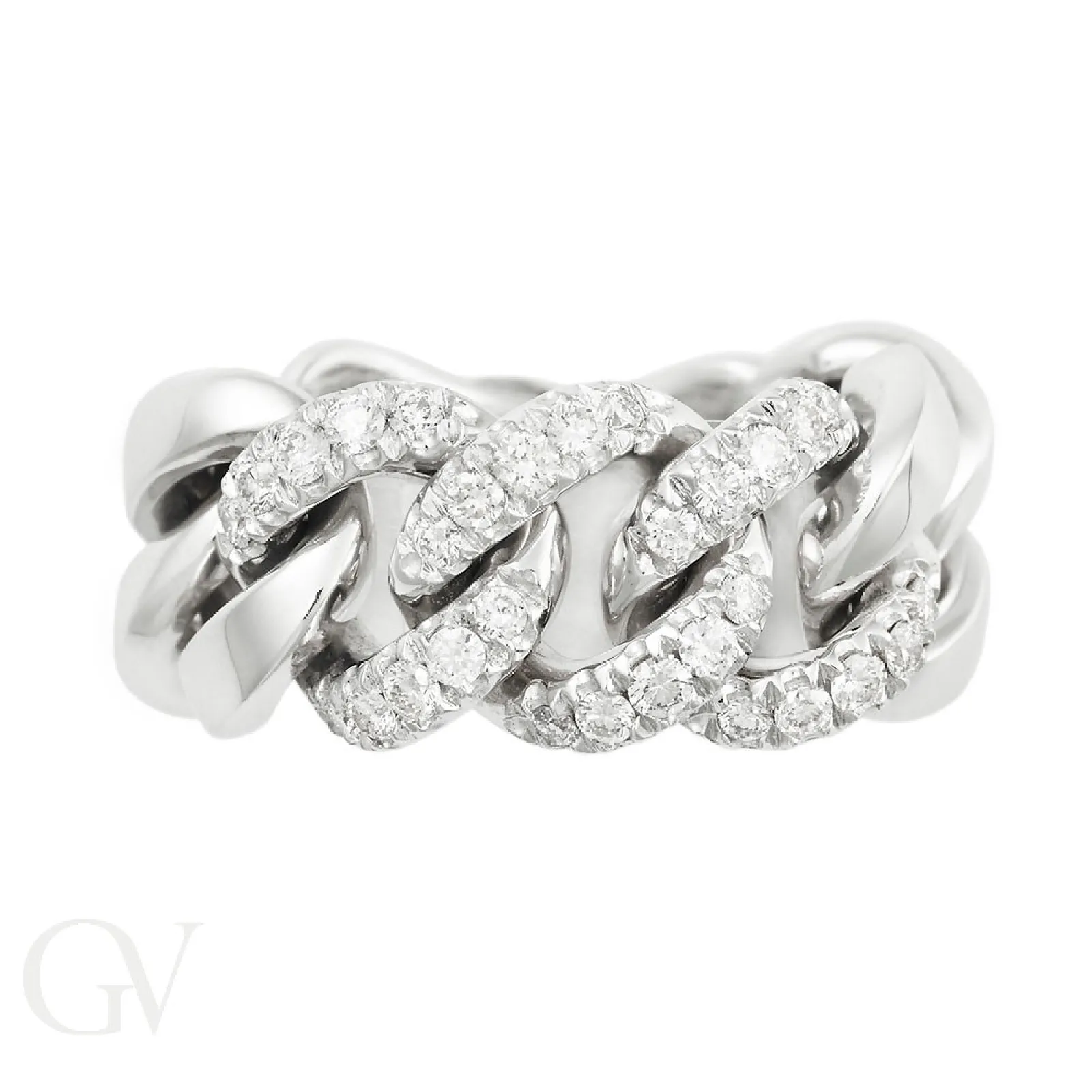 Anello groumette in Oro bianco 18K con maglie incastonate in diamanti
