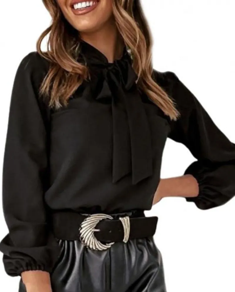 Camicia da donna da ufficio Polsino elastico Colletto rovesciato Cravatta a nodo Tinta unita Eleganti camicette da ufficio da do