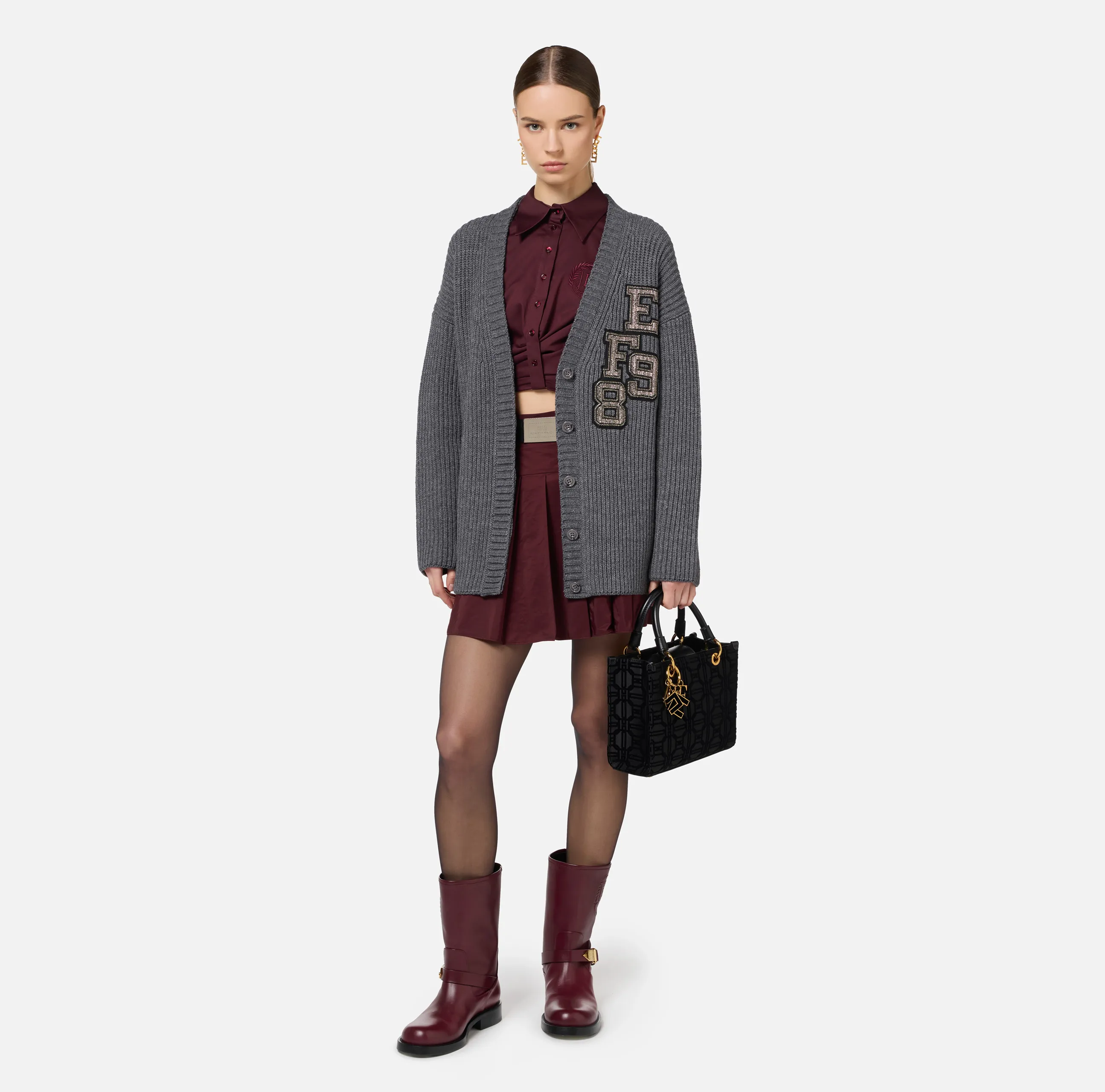 Cardigan in lana costa inglese con patch logo