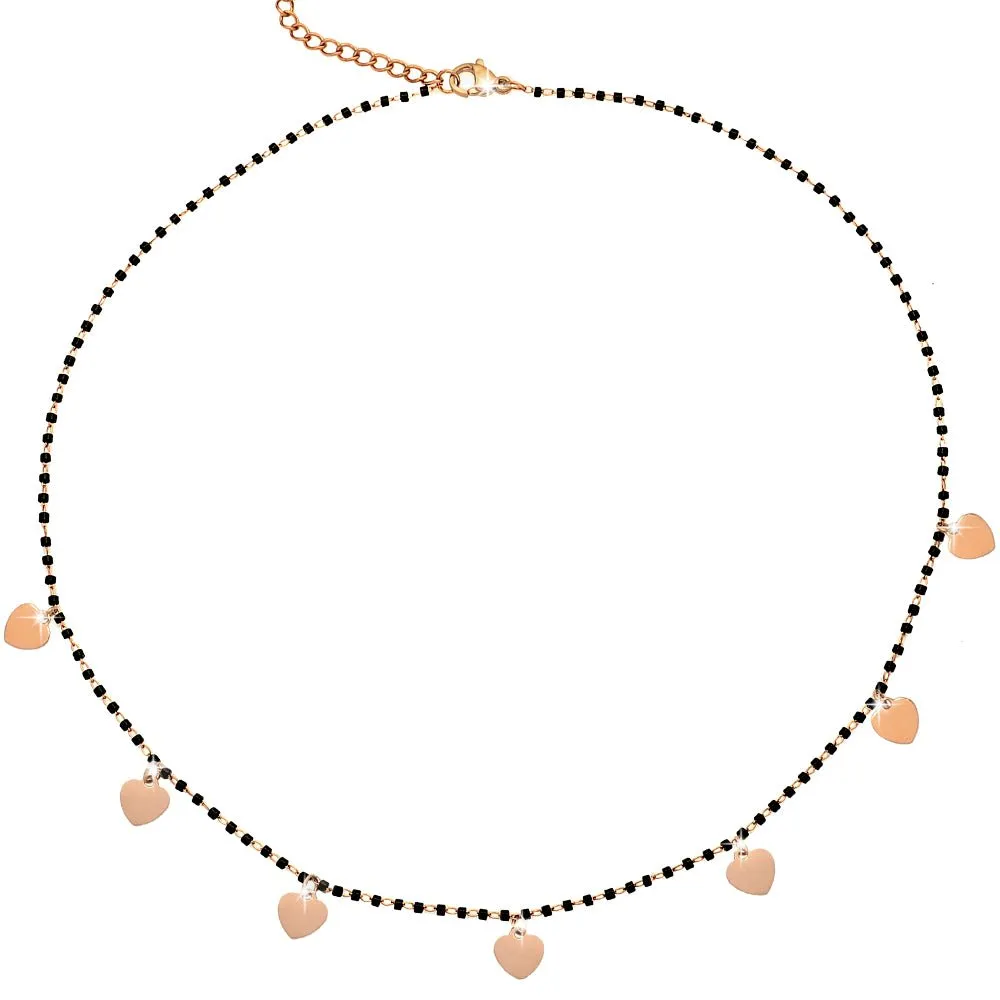 Collana girocollo con Cristalli tubolari colore Nero e charms rose gold - Cuori