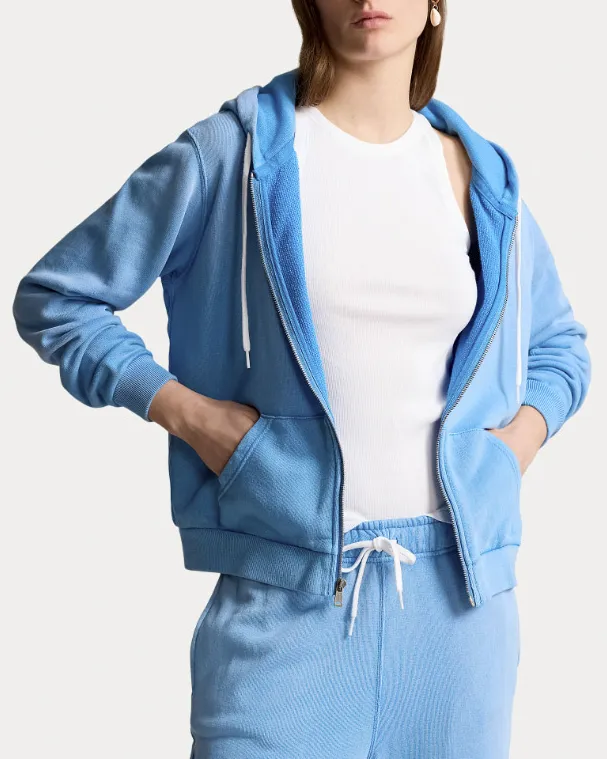 Felpa azzurra in jersey di misto cotone effetto wash con cappuccio e chiusura a cerniera