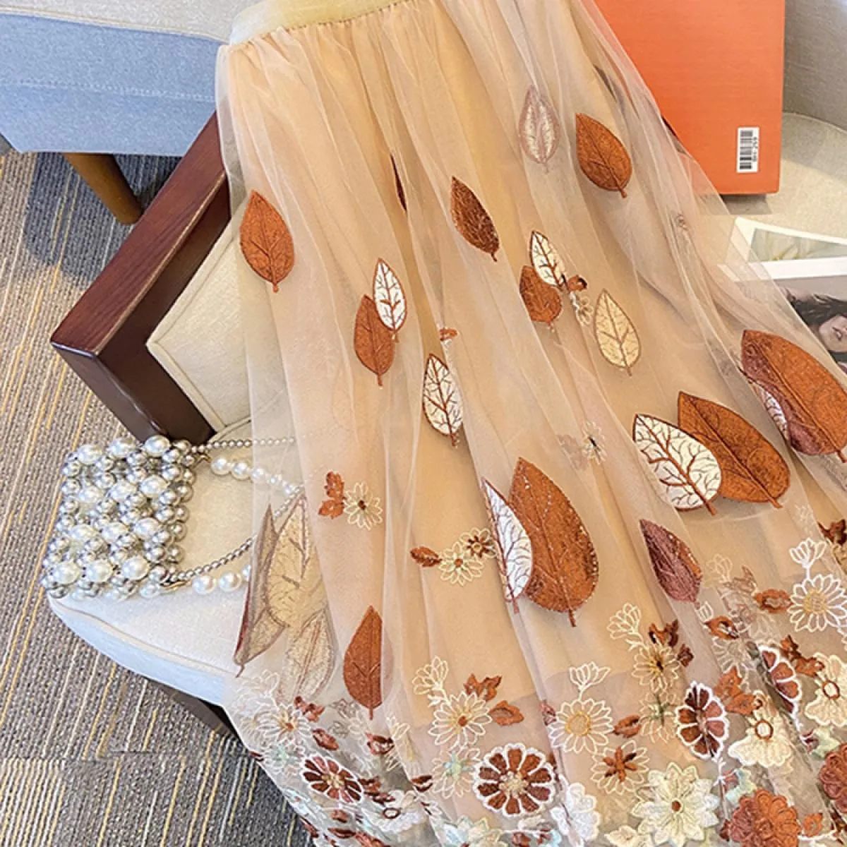 Gonna a rete da donna vintage Linea oro Foglia Ricamo floreale Moda  Vita alta Pieghettato Una linea Gonne 2023 Autunno K3