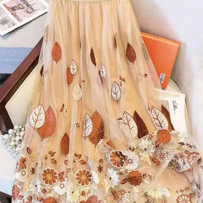 Gonna a rete da donna vintage Linea oro Foglia Ricamo floreale Moda  Vita alta Pieghettato Una linea Gonne 2023 Autunno K3