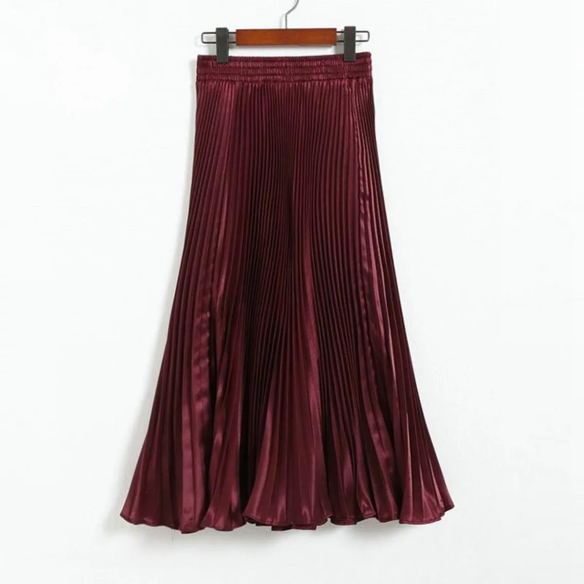 Gonna a sirena a pieghe da donna Stile primaverile femminile Casual Vita alta in raso Midi Gonne lunghe Shiny Saias 17 colori Sk