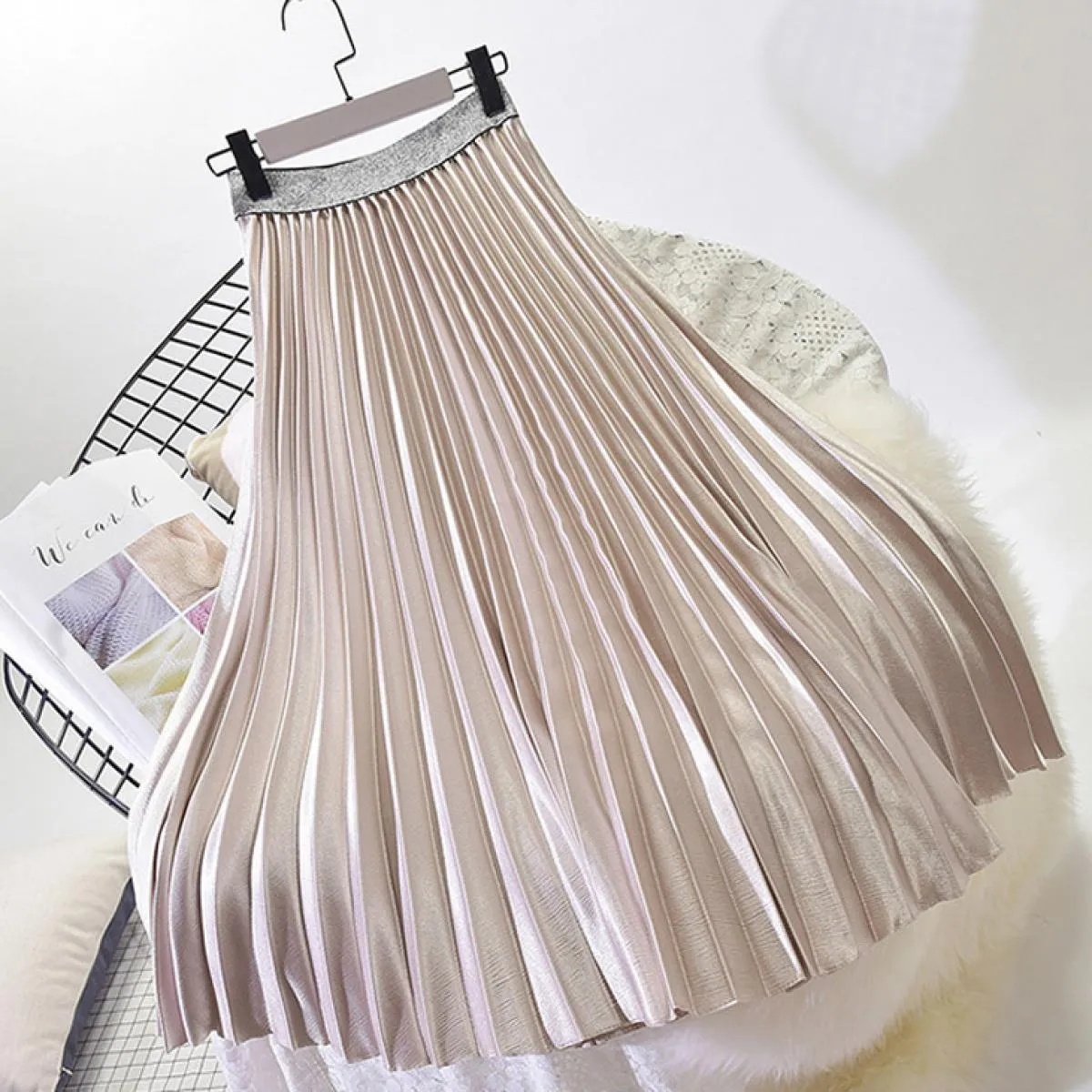 Gonna longuette metallizzata a pieghe moda donna streetwear femminile vita alta velluto rosa gonne chic Saias autunno Sk285 S