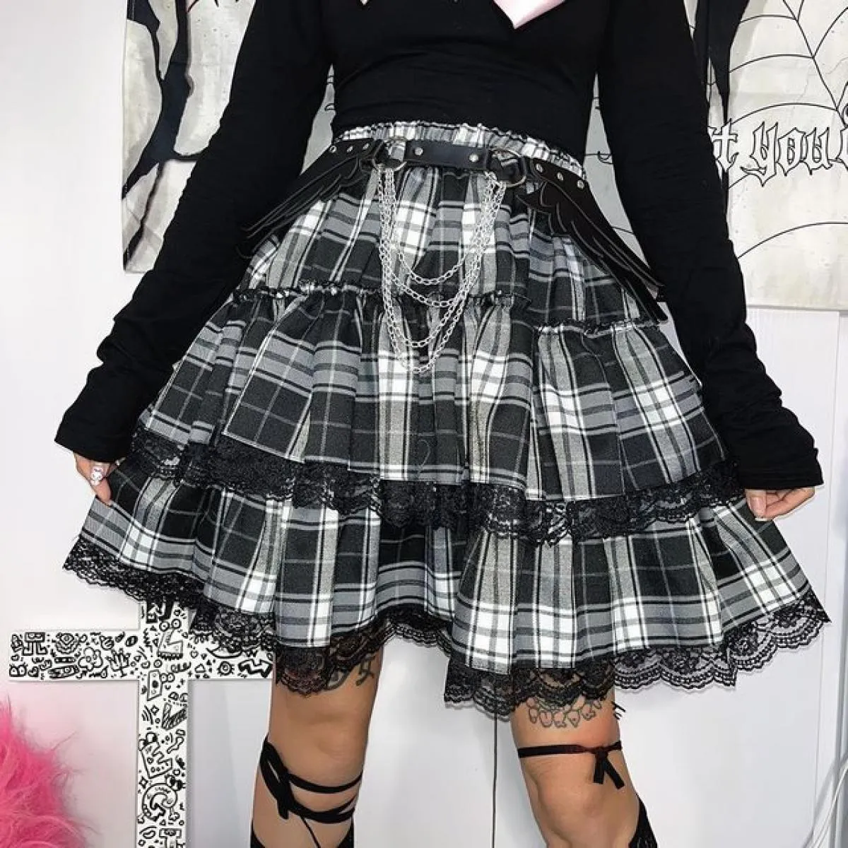 Gonne scozzesi di pizzo Donna Hotsweet Abito da ballo Vita alta Moda Gotico Casual Mini Personalità da ragazzina Hrajuku Chic Ul