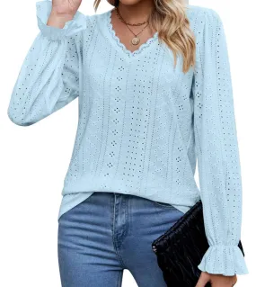 Moda elegante autunno manica lunga camicette donna casual scollo a V scava fuori pizzo maglietta Top donna 2022 Blusas vestiti d