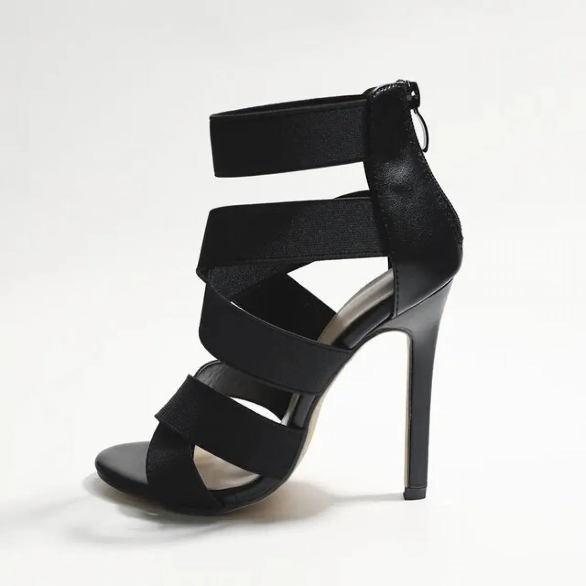 Scarpe da gladiatore nere con punta aperta Sandali da donna Décolleté con tacco alto Sandali da donna con cerniera posteriore a
