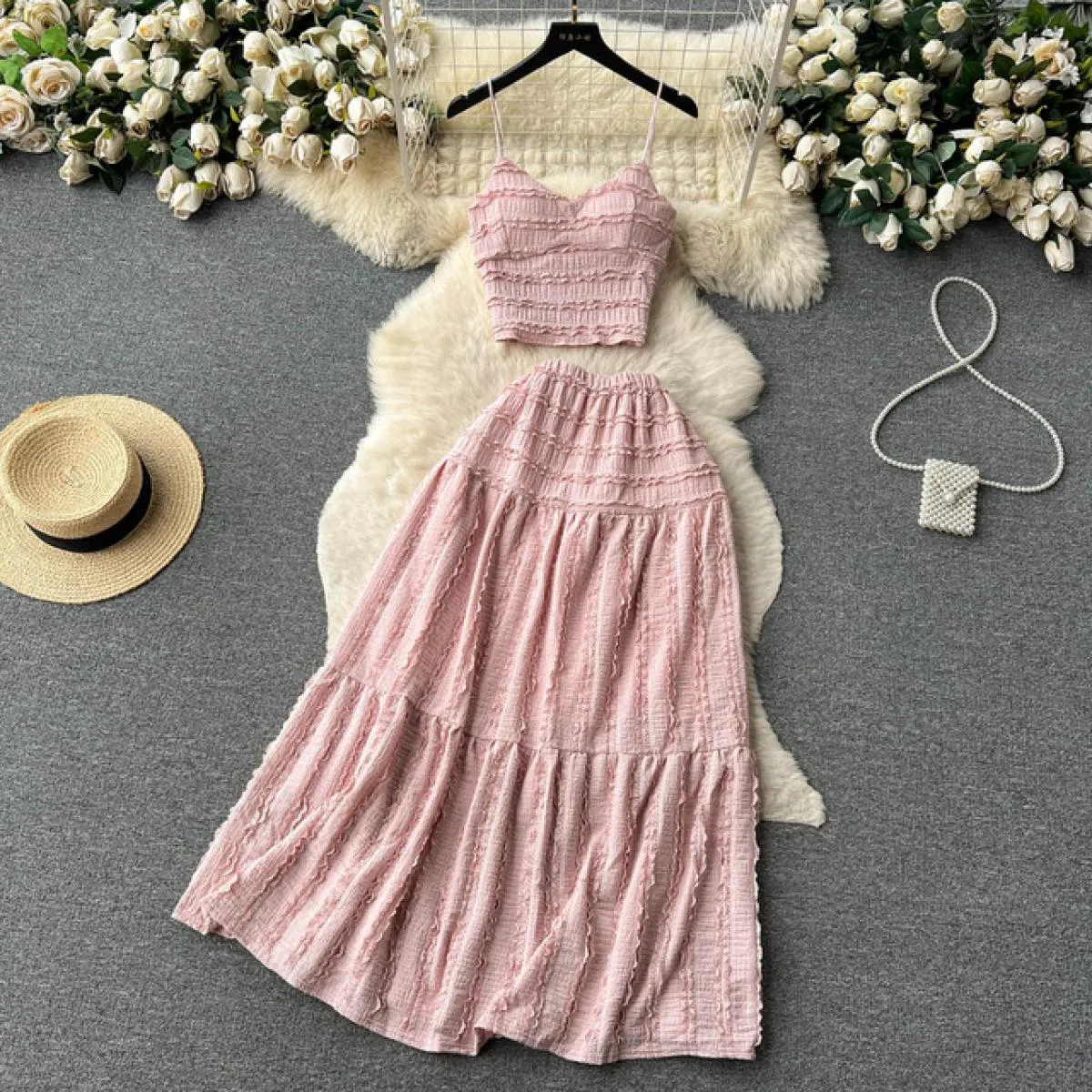 Set gonne estive per donna Top corti con cinturino rosa sull'ombelico + Abito midi A Line Vacanza al mare Abiti femminili Set pl
