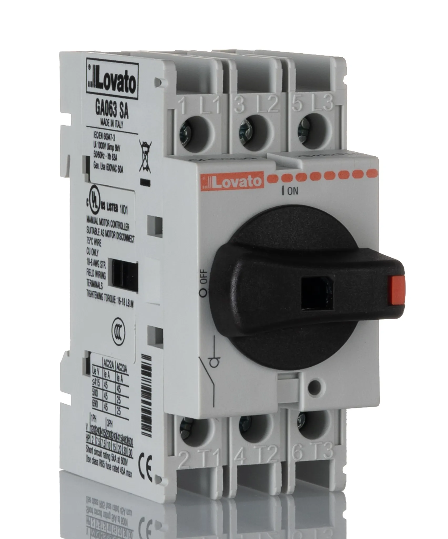 Sezionatore con interruttore Lovato GA063SA serie GA, 3P, 3 NA, 63A, 690V, Guida DIN, Montaggio a vite, IP65