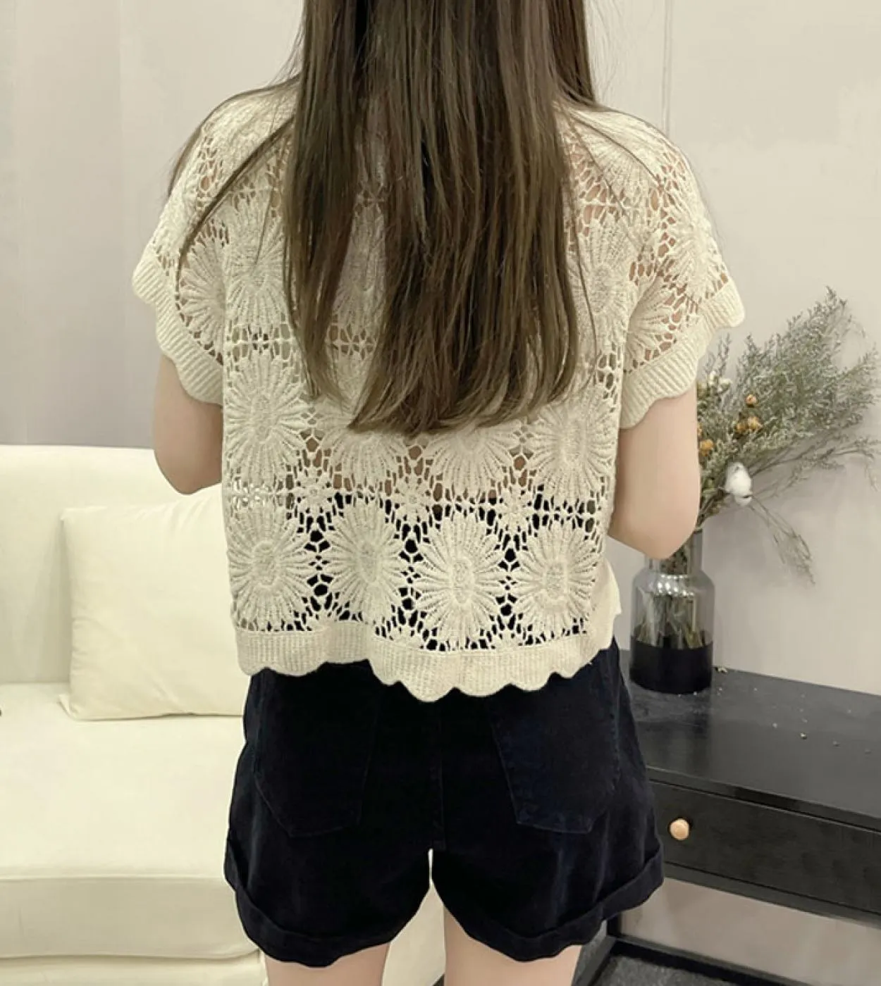 Vneck Lace Hollow Women Top Camicetta da donna di nuovo stile Vestiti Cardigan Maniche corte Manica a pipistrello Donna 14459 Do