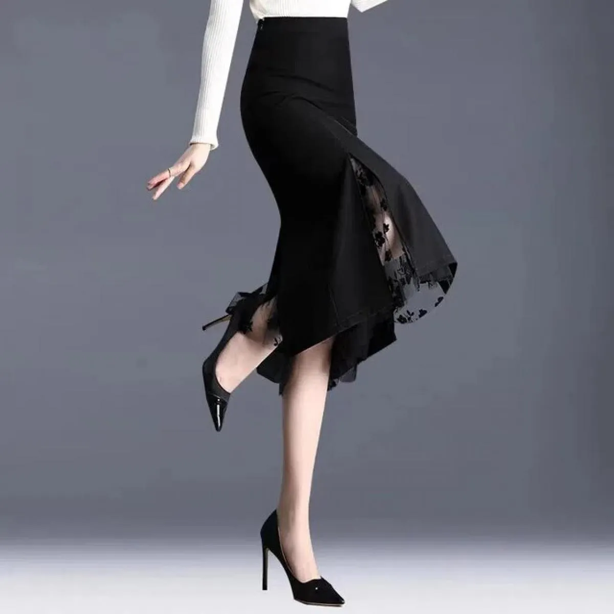 Xpqbb 2023 Primavera Estate Gonna a rete irregolare Donna Fashion Band Splice Gonne a vita alta Donna Split Office Gonna lunga