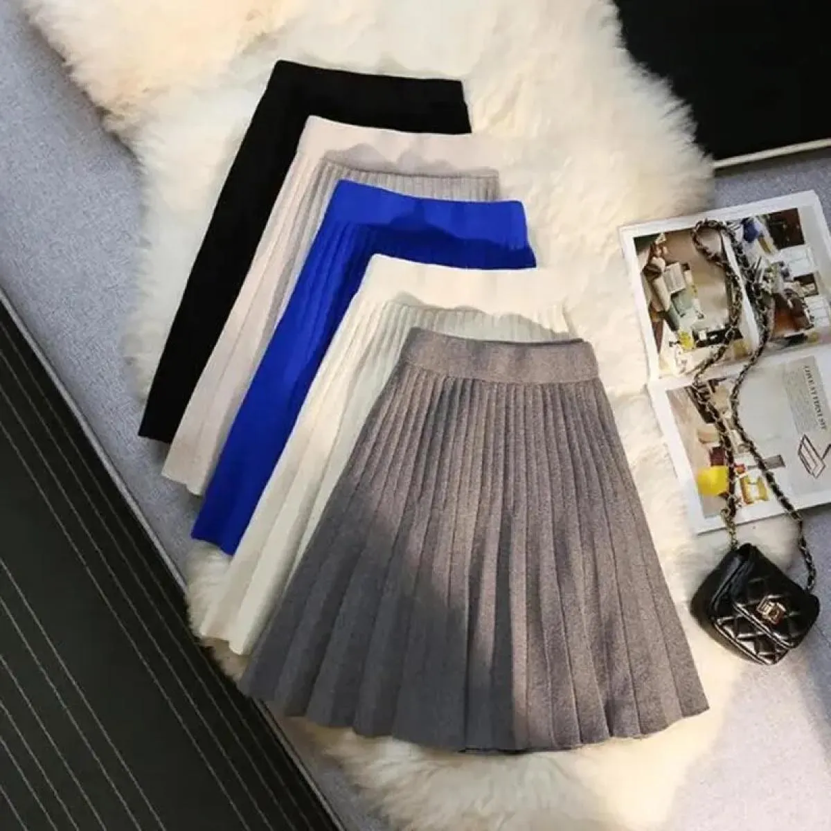 Xpqbb Autunno Inverno Gonne a pieghe lavorate a maglia Donna Elastico a vita alta Minigonna a linea Donna Nuovo Sci corto casual