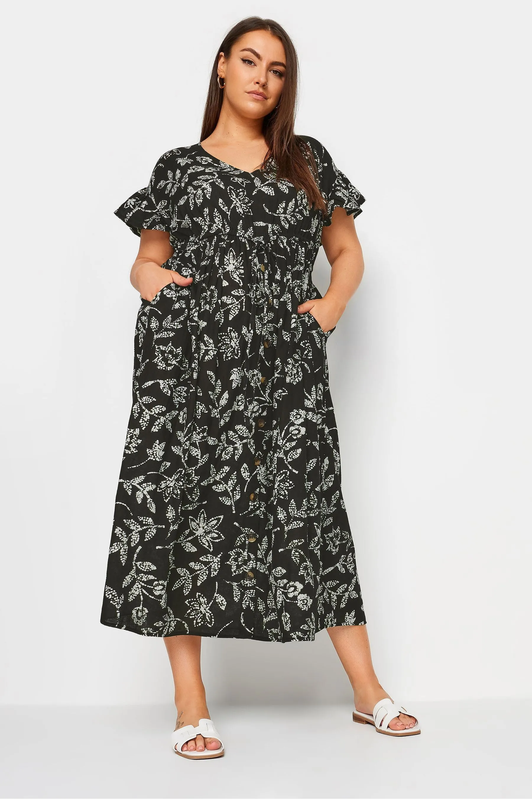 Yours Curve - Abito maxi in Stampa in lino con foglie